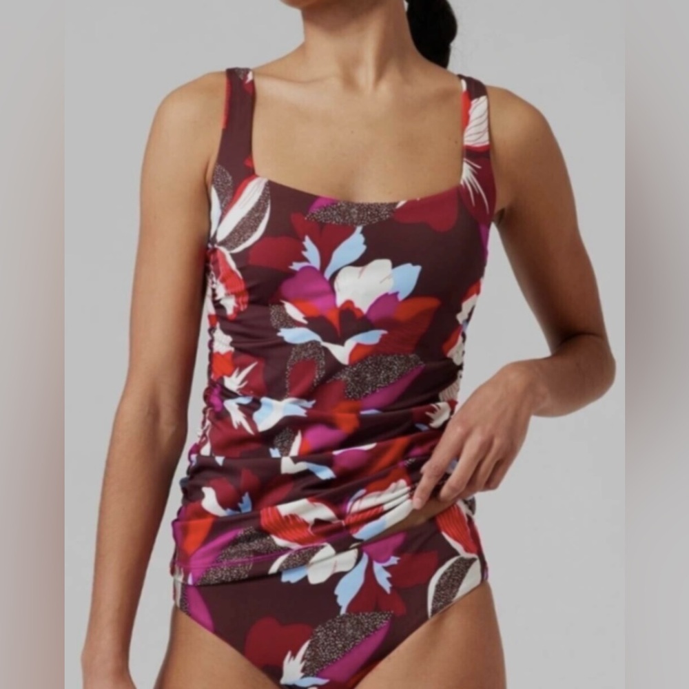 Athleta Square Neck Tankini In Hero Bloom Decadent Chocolate Top Size 34 D/DD